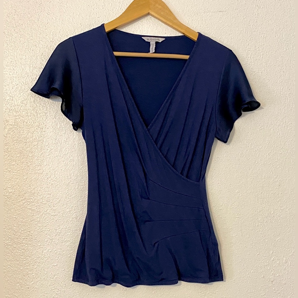 Navy faux wrap top with satin sleeves Bravissimo US 6 UK 10 Curvy/ Really Curvy